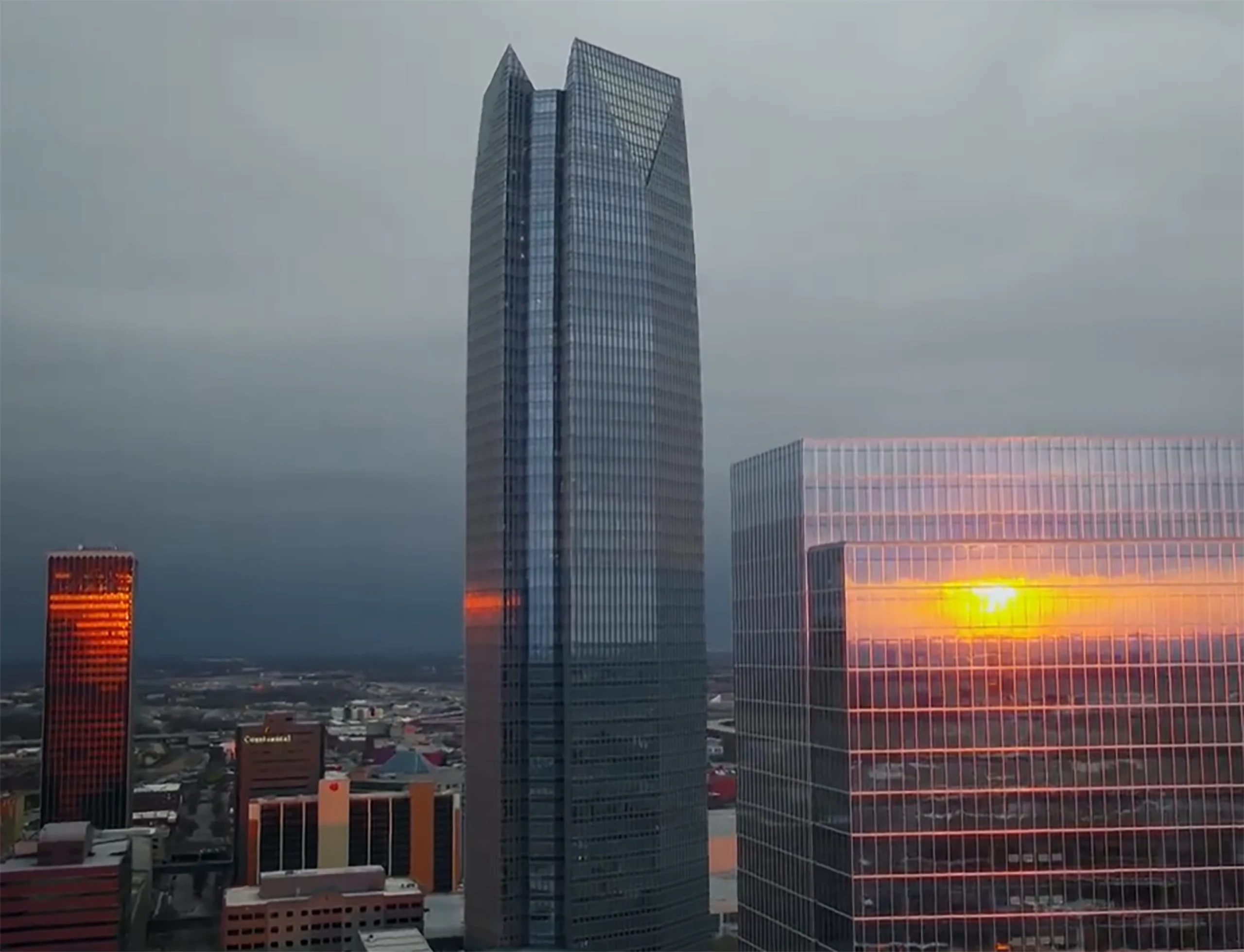 Oklahoma City skyline with setting sun